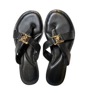 Aerosoles Black Leather Thong Sandals Gold Chain Accent Comfort Size 6